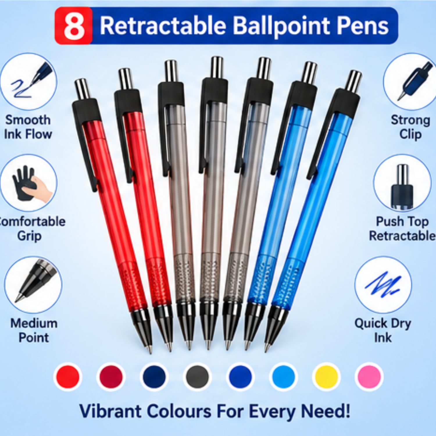 8Pcs Retractable Smooth Writing Ballpoints