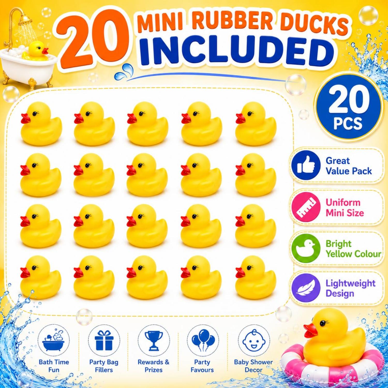 20Pk Mini Rubber Floating Ducks Bath Toys - 3cm