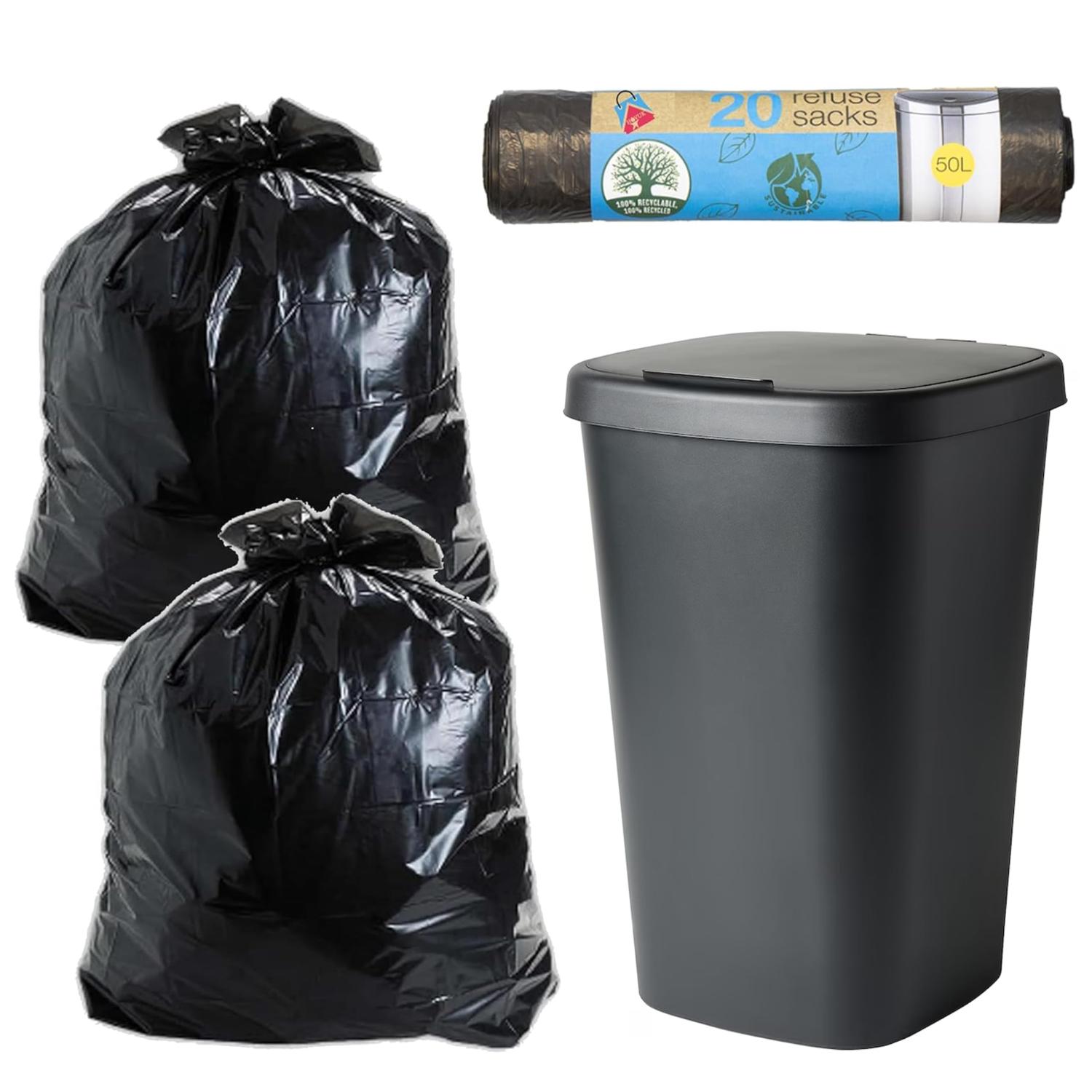 50L Black Trash Bags Heavy Duty Refuse Sacks 20 Pack