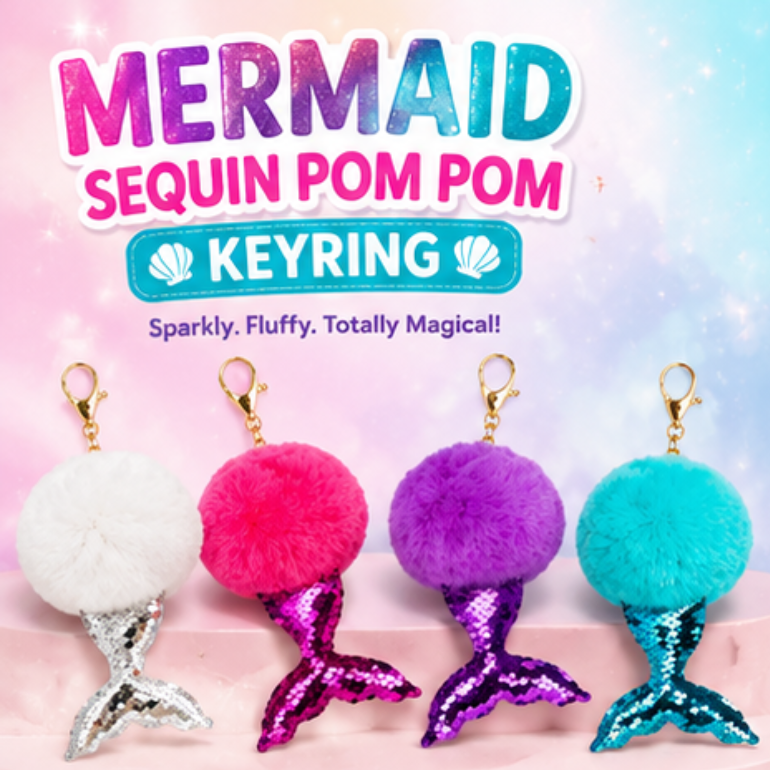1x Random Mermaid Sequin Pom Pom Keyring