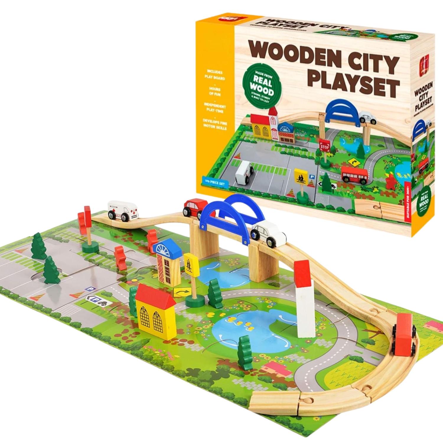 40Pcs Wooden Train Track Set with Bridge & Cars