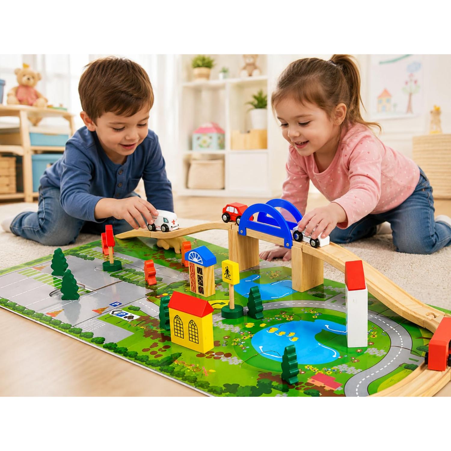 40Pcs Wooden Train Track Set with Bridge & Cars