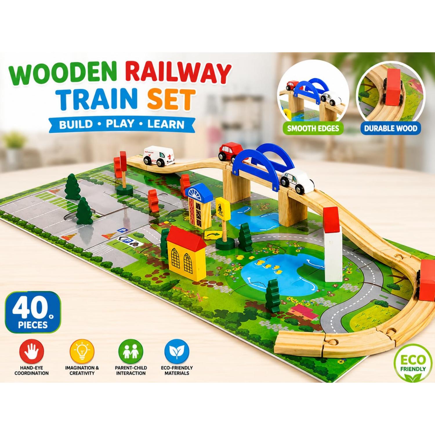 40Pcs Wooden Train Track Set with Bridge & Cars