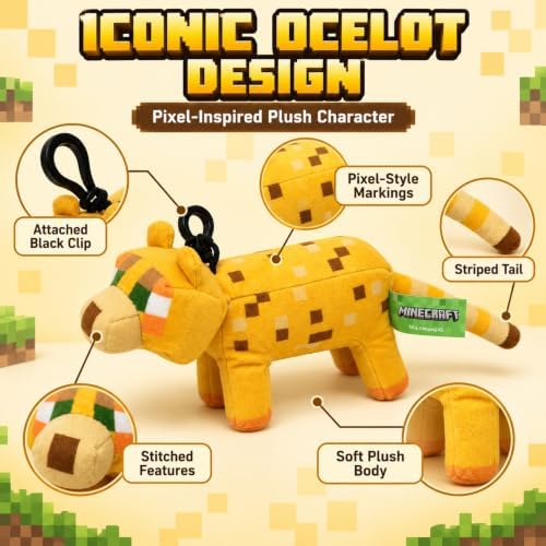 3D Minecraft Ocelot Plush Clip On Keyring