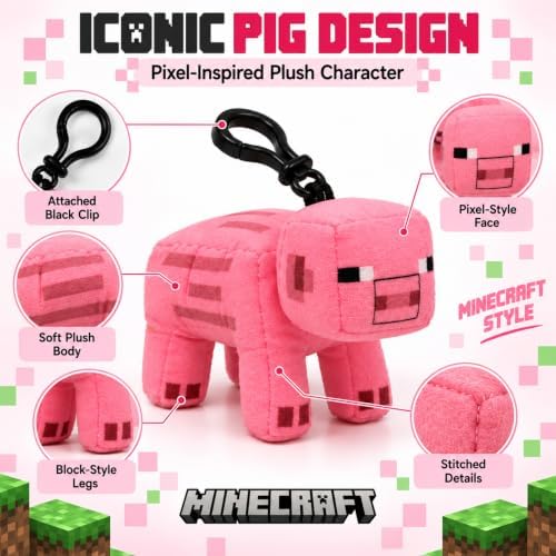 3D Minecraft Pig Plush Clip On Keyring