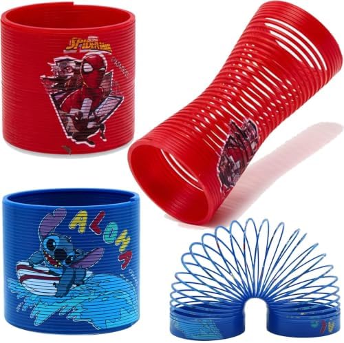 Stitch and Spiderman Spring Toy Set, 2x Licensed Plastic Coil Toys for Kids
