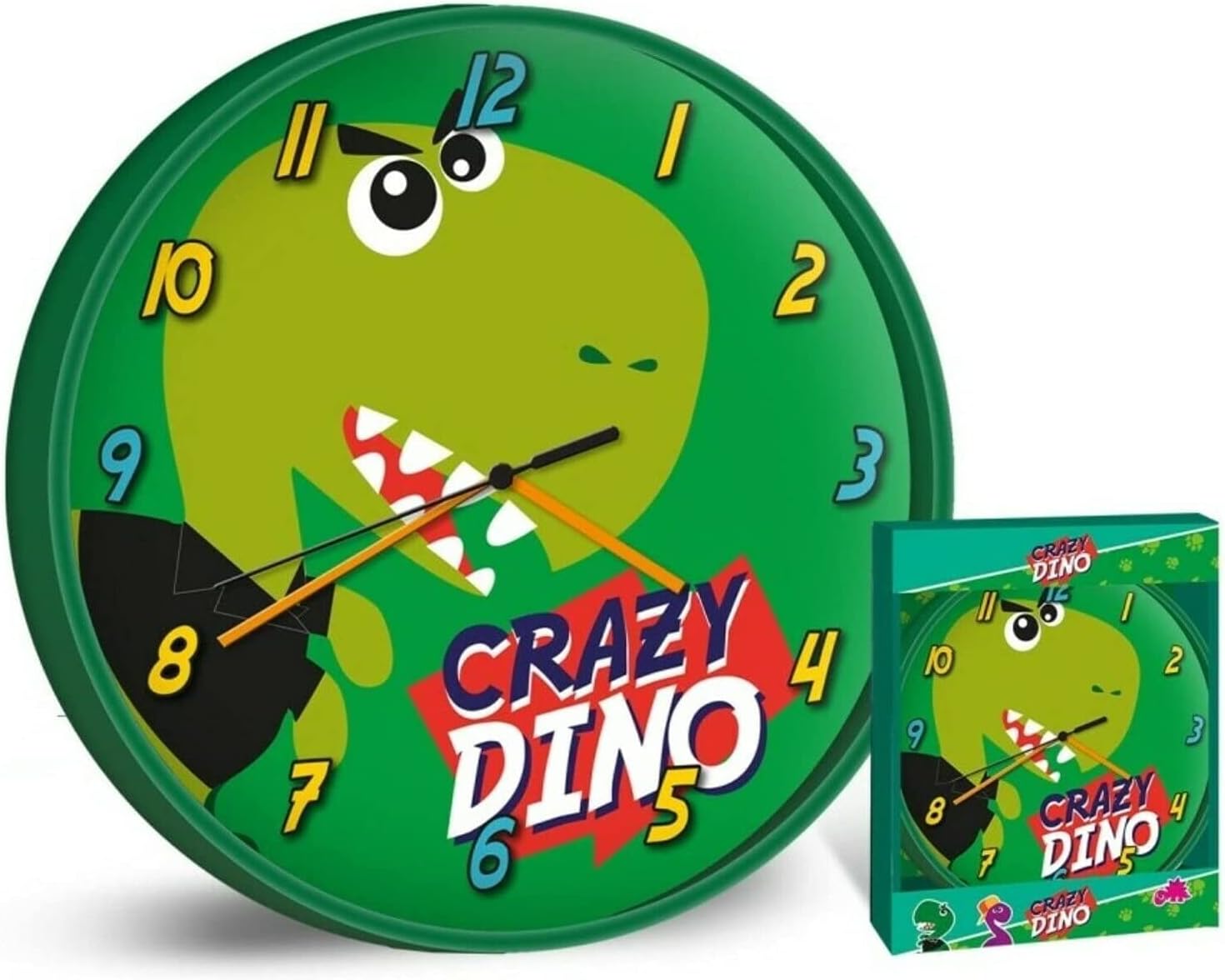 Kids Round Wall Clock 25cm - Crazy Dino