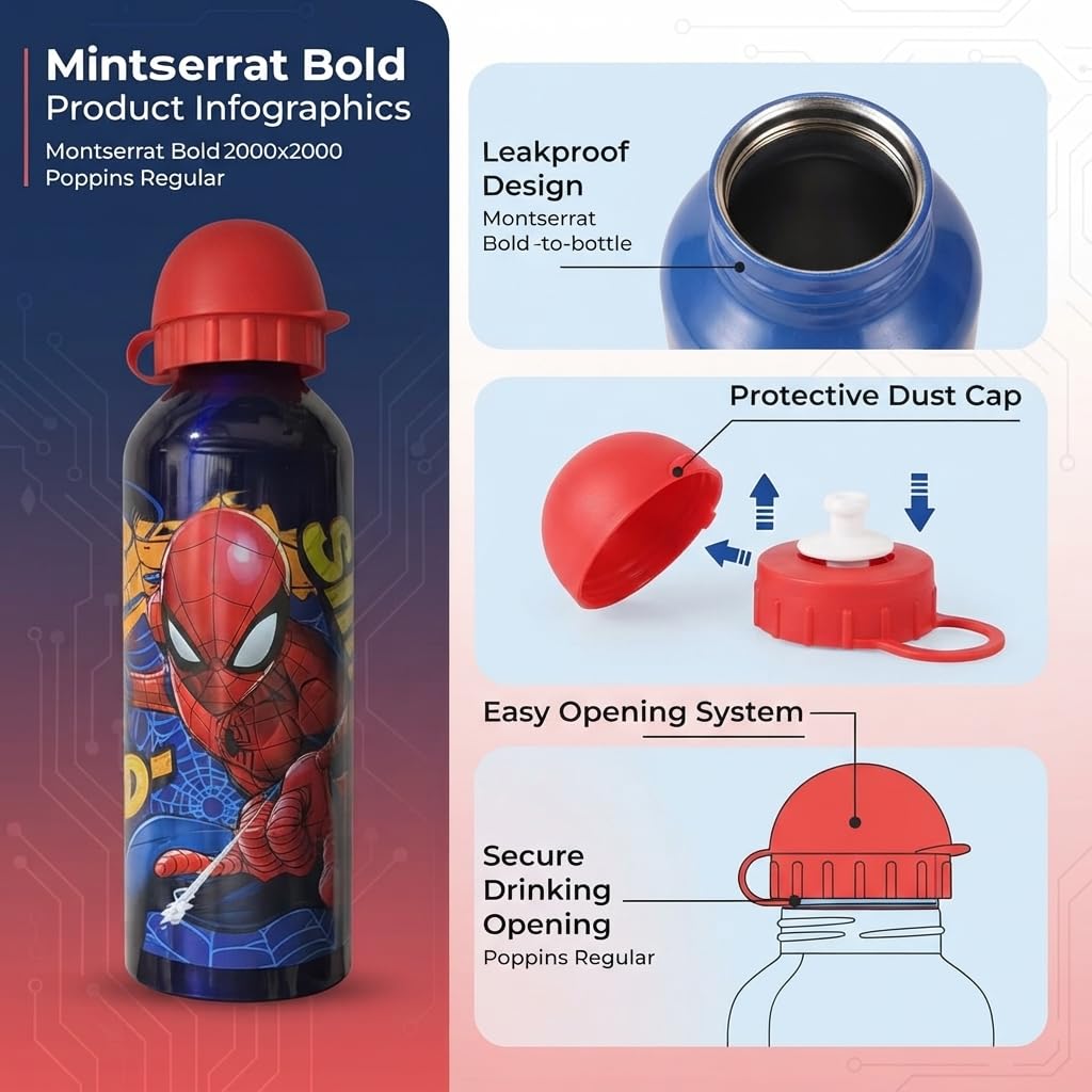 Spider-Man Kids Licensed Aluminium Water Bottle 500ml - Dark Blue