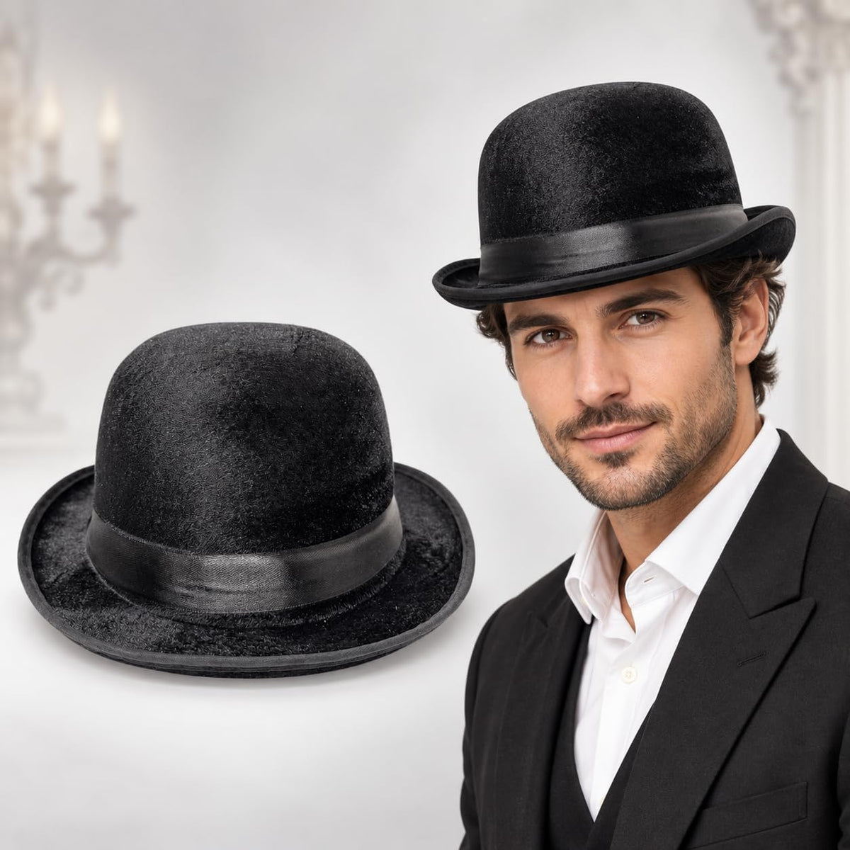 Halloween Black Velvet Bowler Hat for Adults