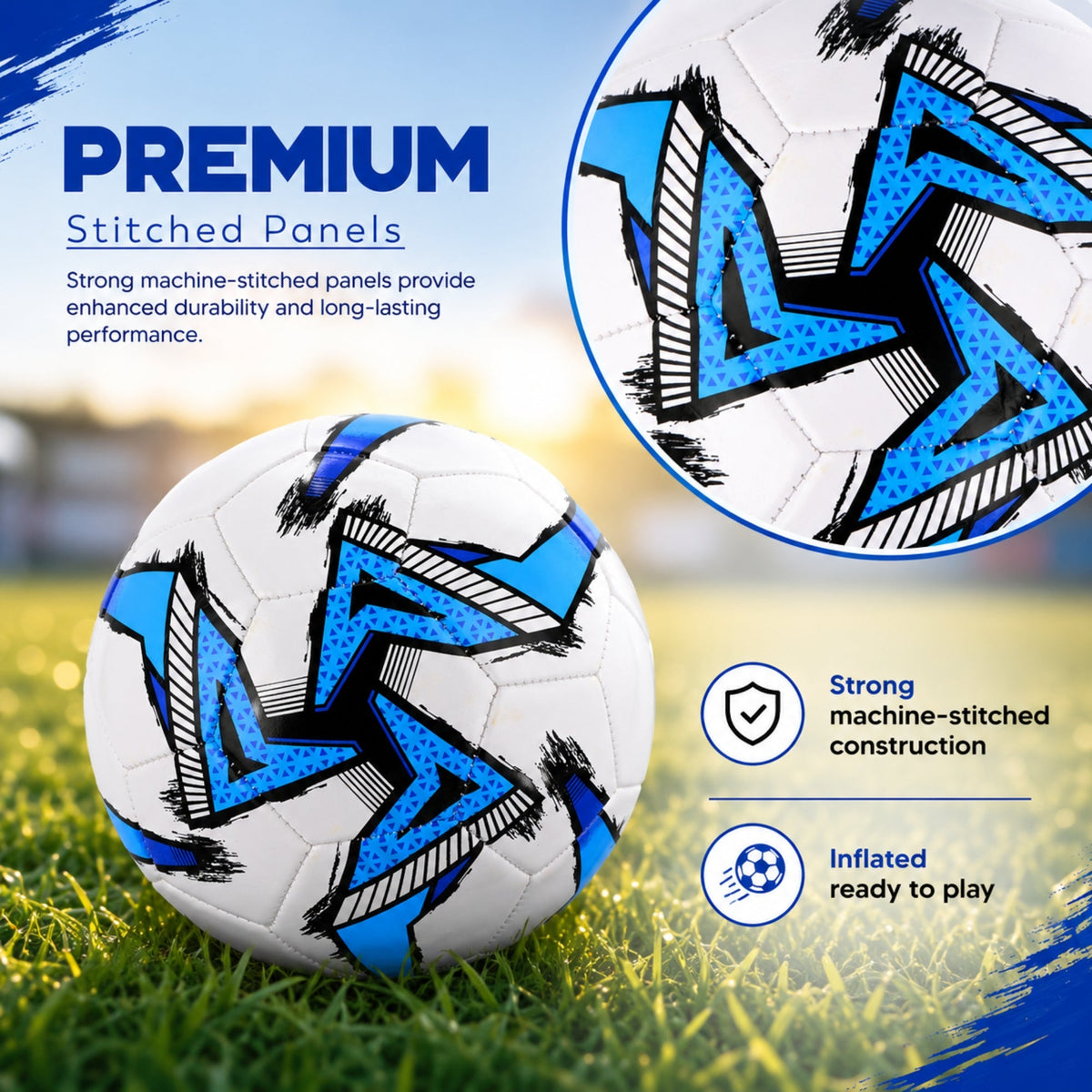 32-Panel Football Size 5 – Deflated Training & Match Ball - White Base -Blue