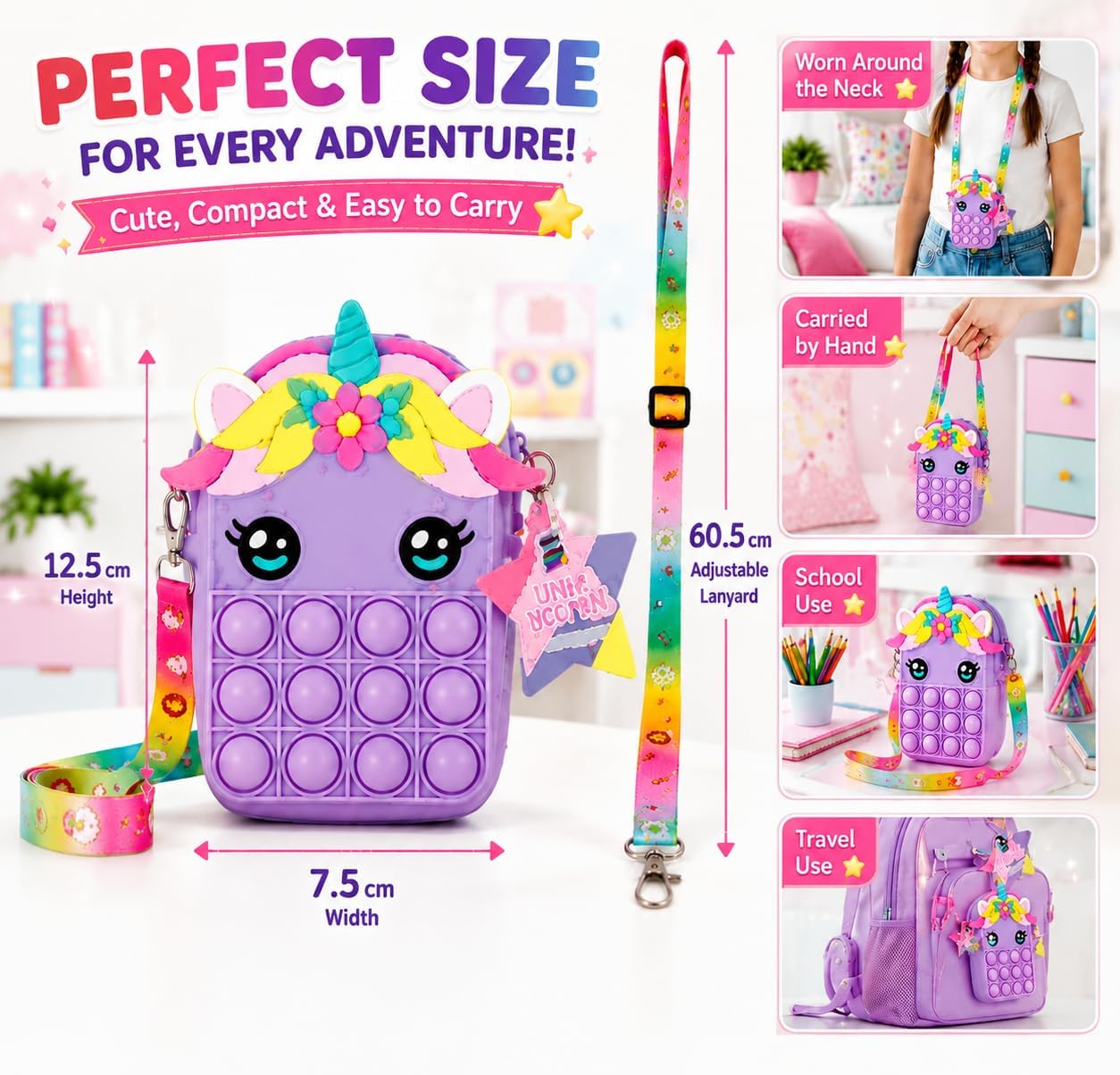 Random Unicorn Pop-It Fidget Bag with Lanyard