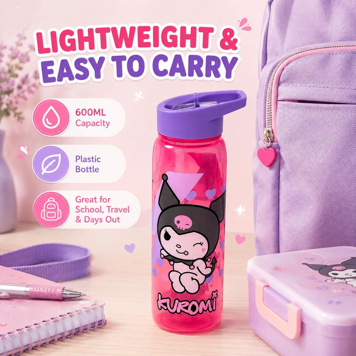 Kuromi Kids Leakproof Water Bottle 600ml