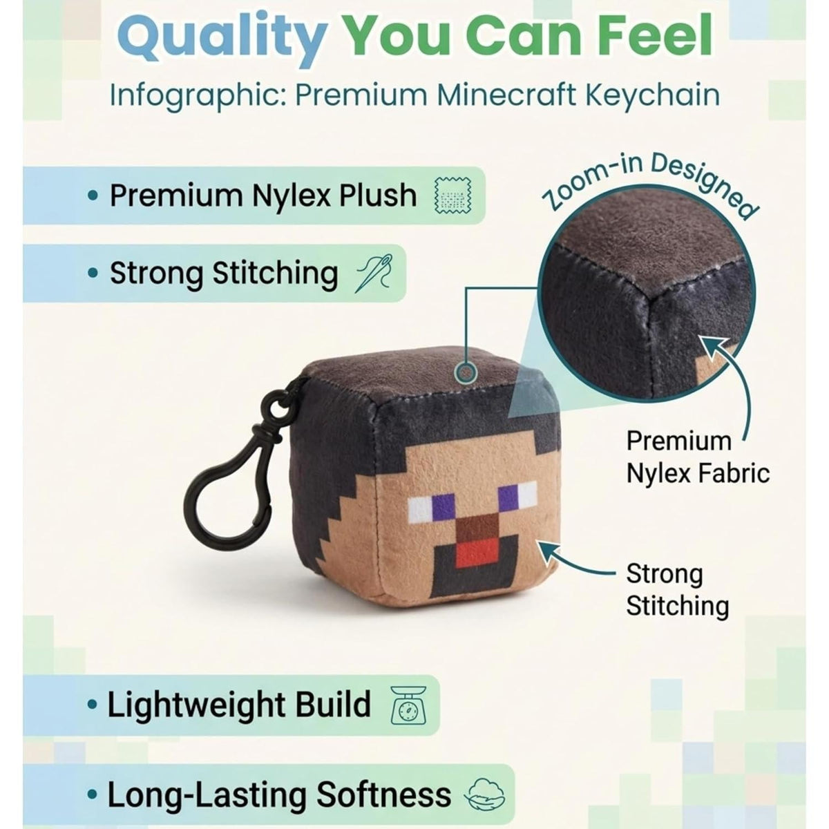 Minecraft Steve Kids Licensed Minecraft Plush Cube Clip-On Keychain – view 2