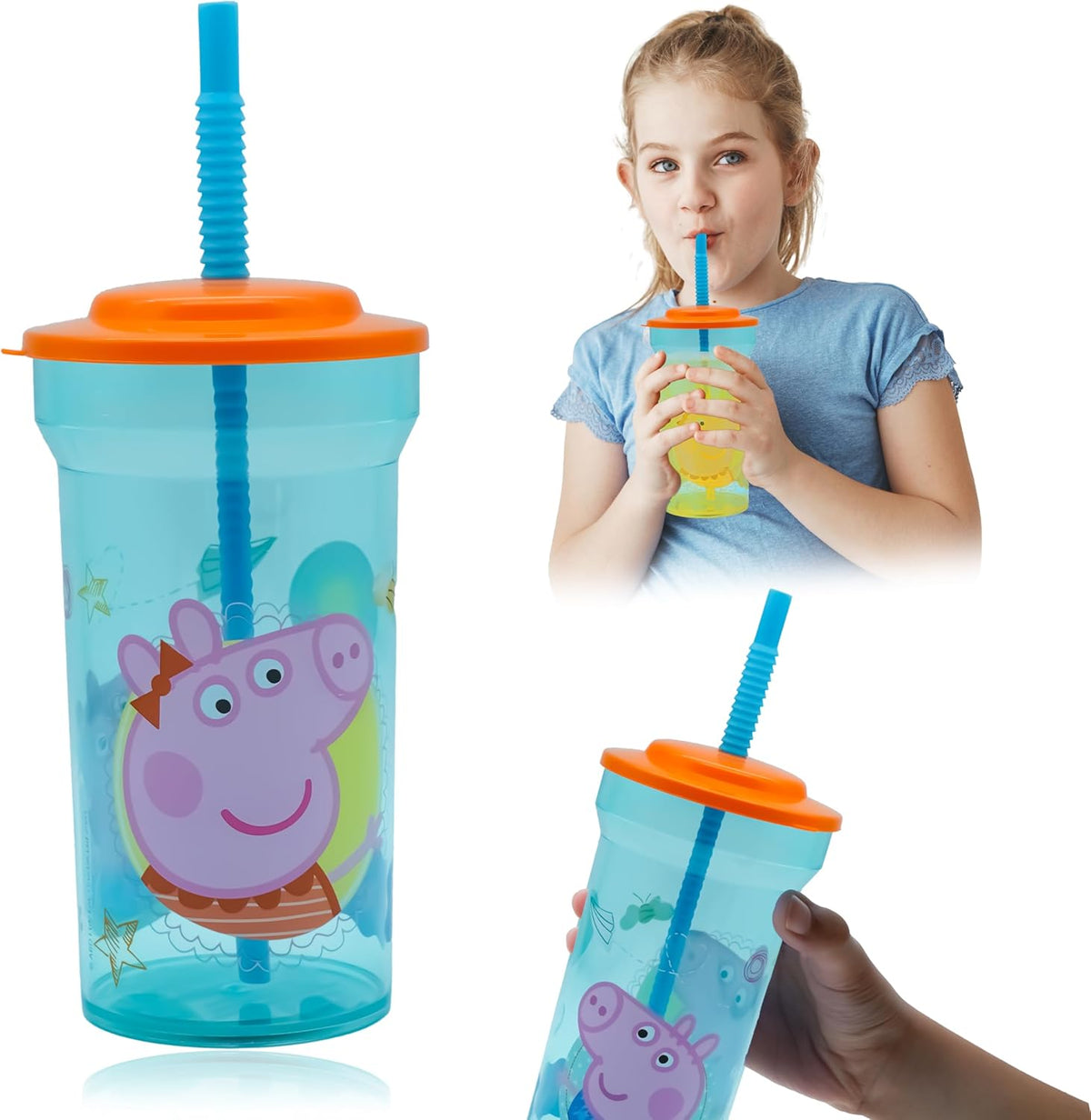 Peppa Pig Kids Licensed Water Tumbler with Straw, 460ml