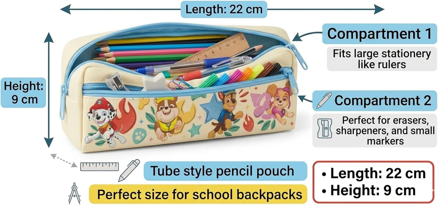 Kids Double Compartment Pencil Case 22cm Zip Stationery Pouch