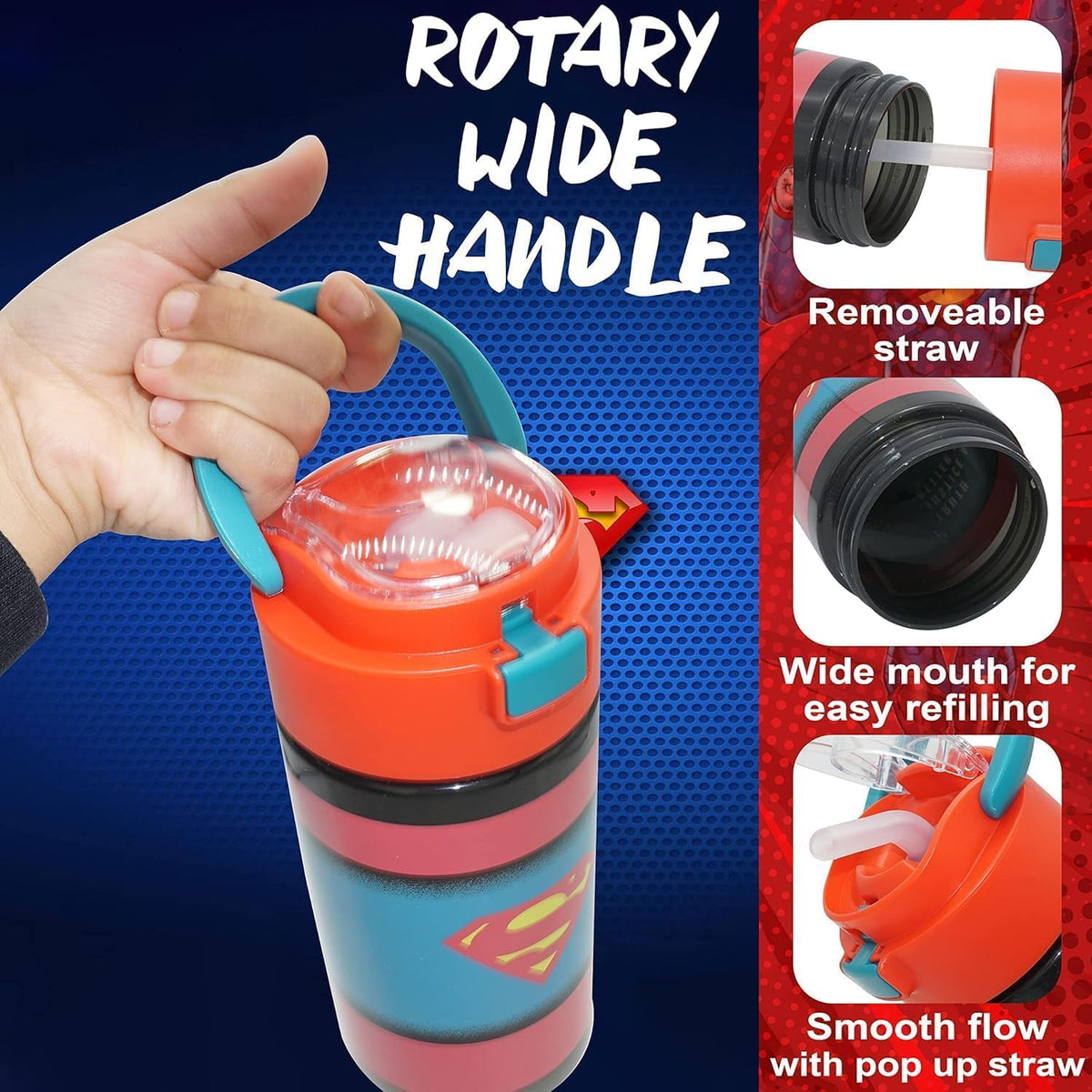 Superman Kids Licensed Flip Up Straw Supra Water Bottle 532ML – view 4