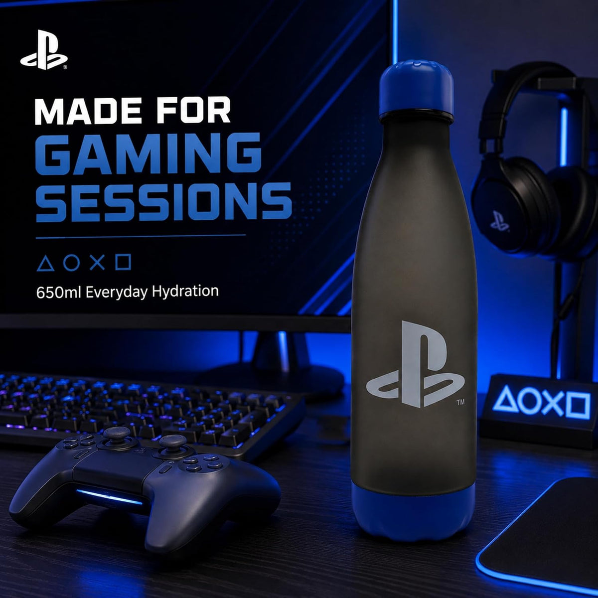 PlayStation 650ml BPA Free Soft Touch Water Bottle - Cap and Lid View