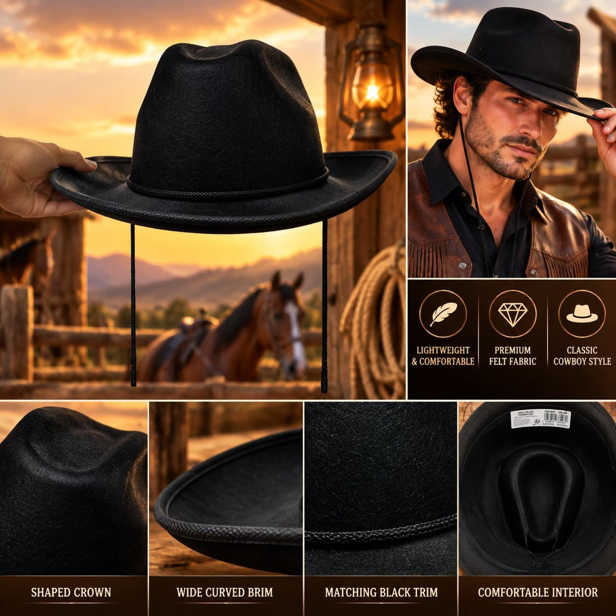 Halloween Cowboy Hat with Chin Cord for Adults