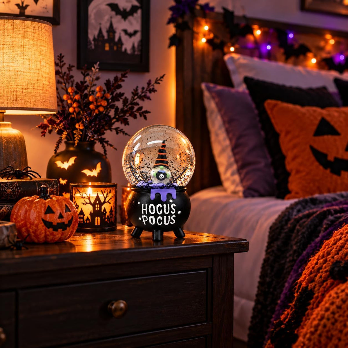 Halloween Gonk Snow Globe Decoration with Hocus 15cm