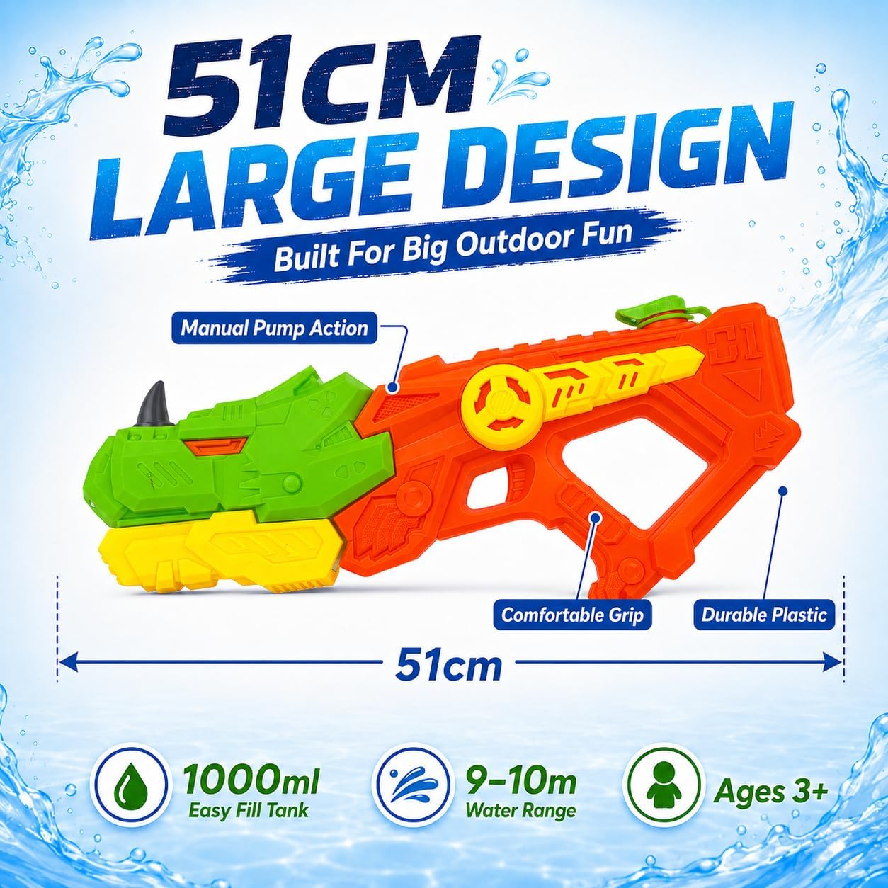 51cm Dinosaur 1000ml Water Blaster 9-10M Range