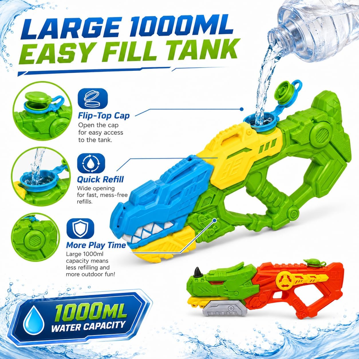 51cm Dinosaur 1000ml Water Blaster 9-10M Range