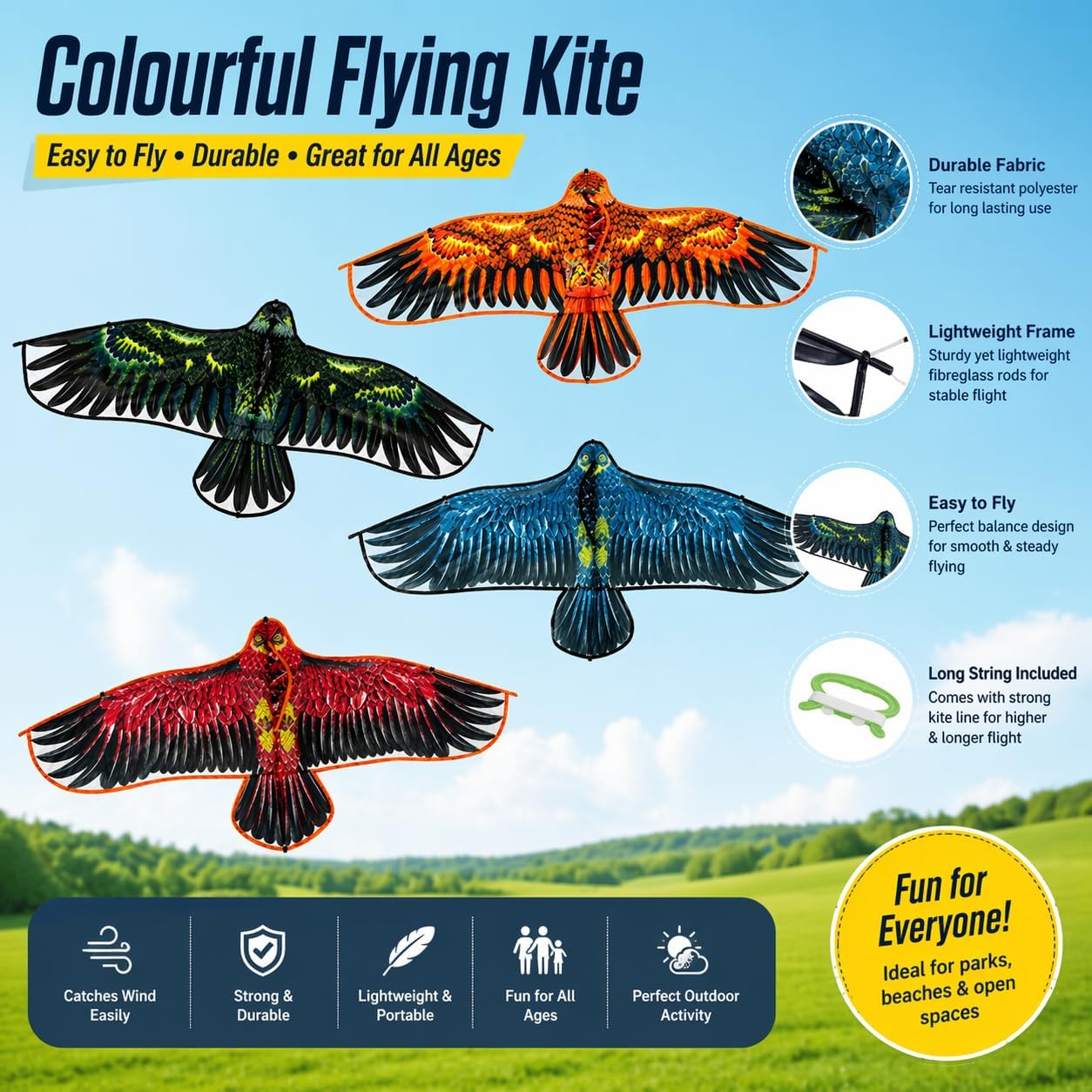 1.2m x 60cm Flying Eagle Kite with 30m String 1x Random