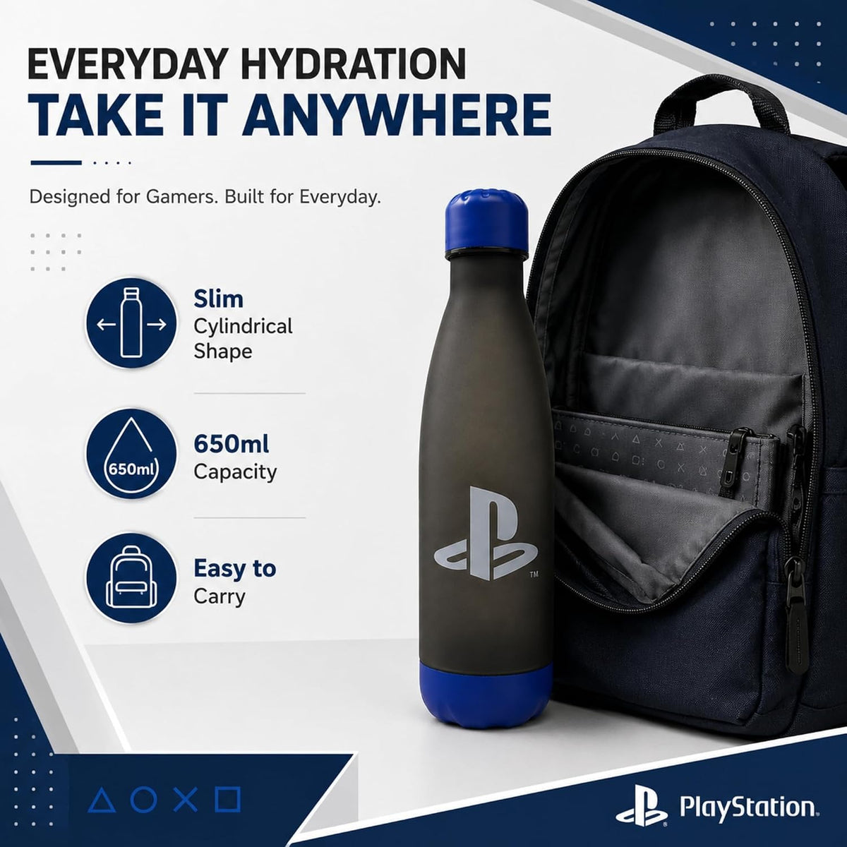 PlayStation 650ml BPA Free Soft Touch Water Bottle - Side Angle