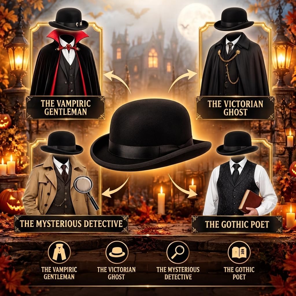 Halloween Black Velvet Bowler Hat for Adults