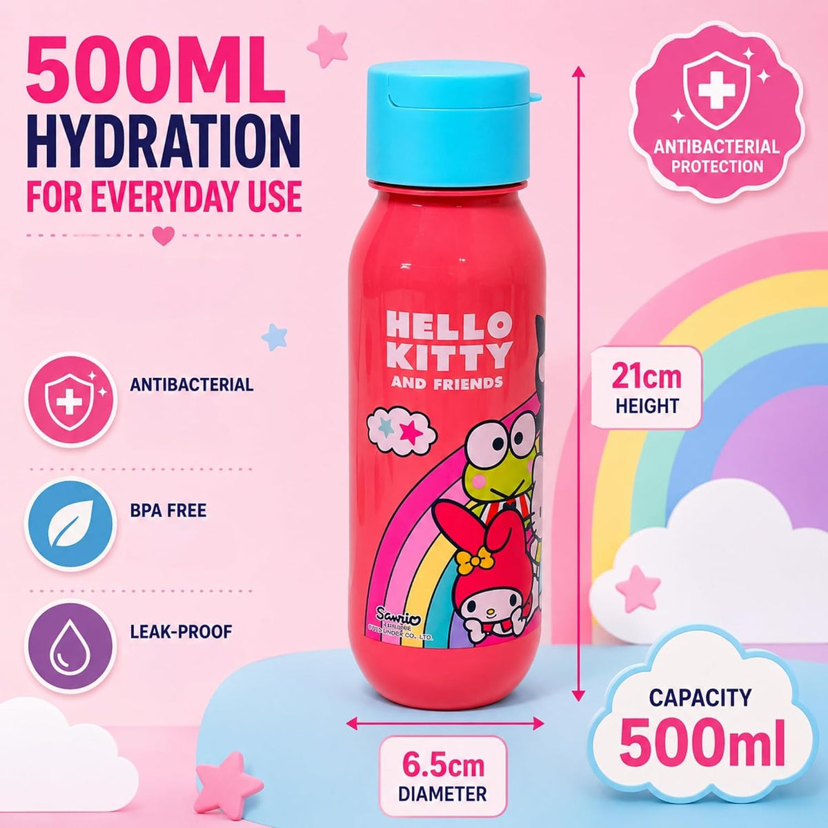 Hello Kitty 500ml Antibacterial Water Bottle