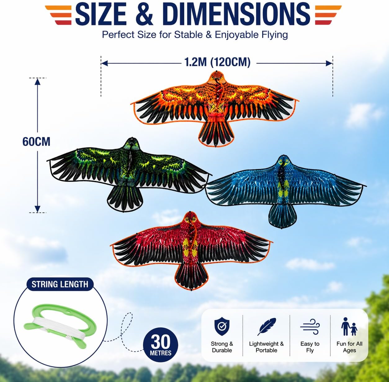 1.2m x 60cm Flying Eagle Kite with 30m String 1x Random