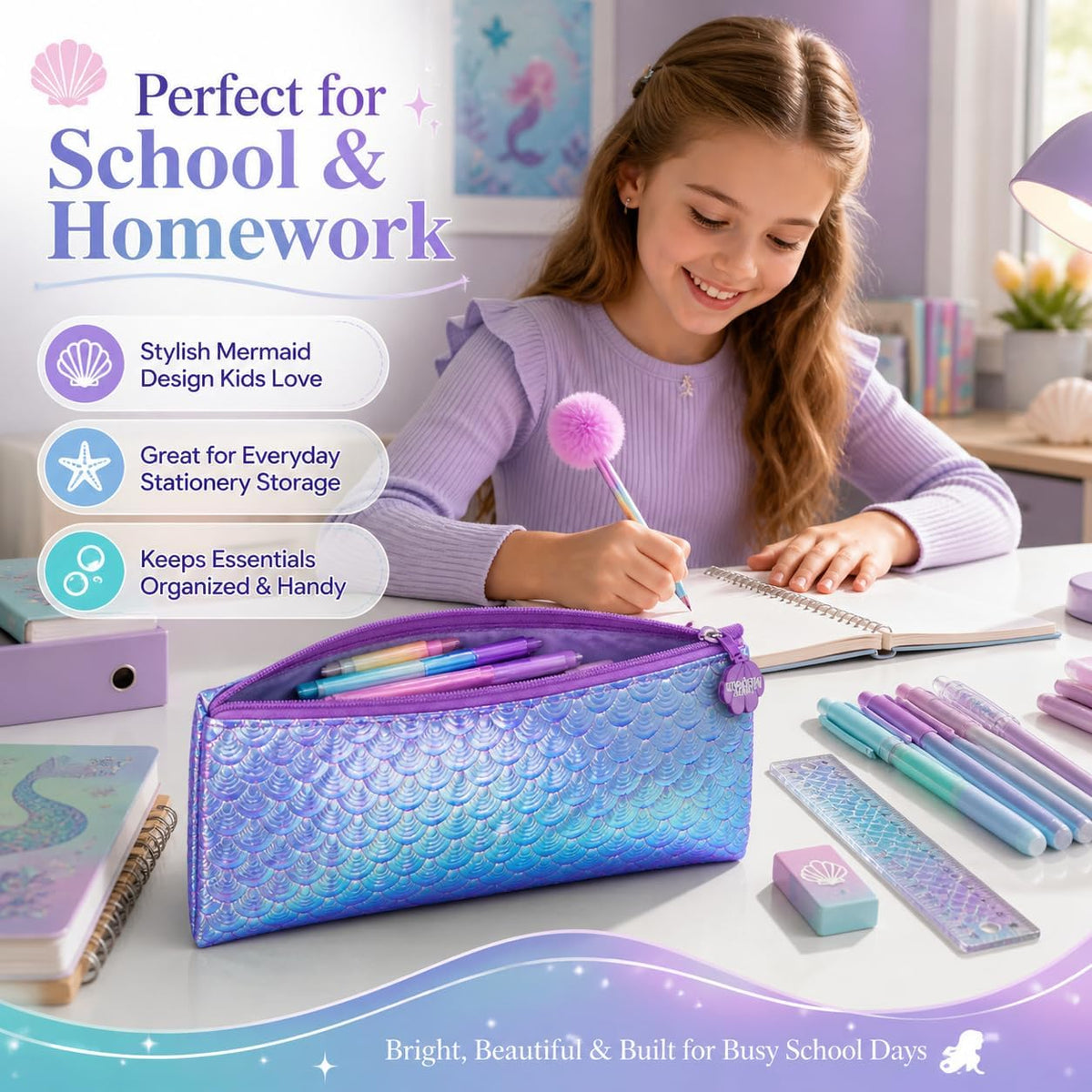 Mermaid Kids Licensed Flat Zipped Pencil Case – view 2