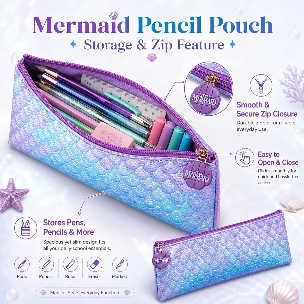 Mermaid Kids Licensed Flat Zipped Pencil Case – view 3
