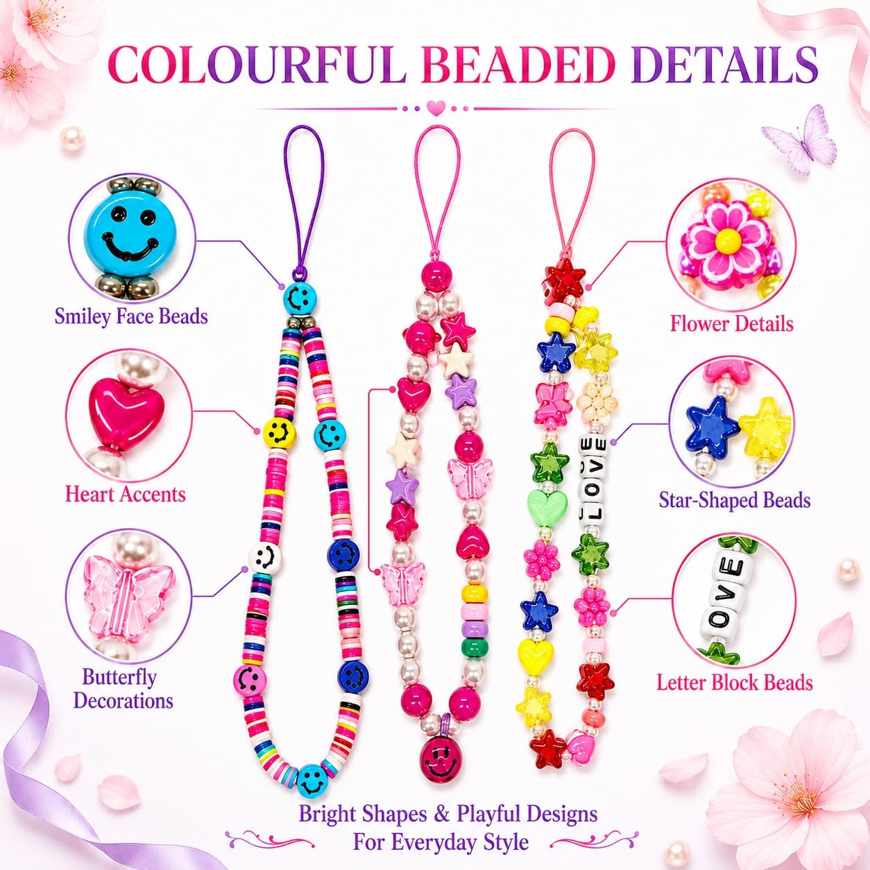 19cm Beaded Phone Charm Strap - Random