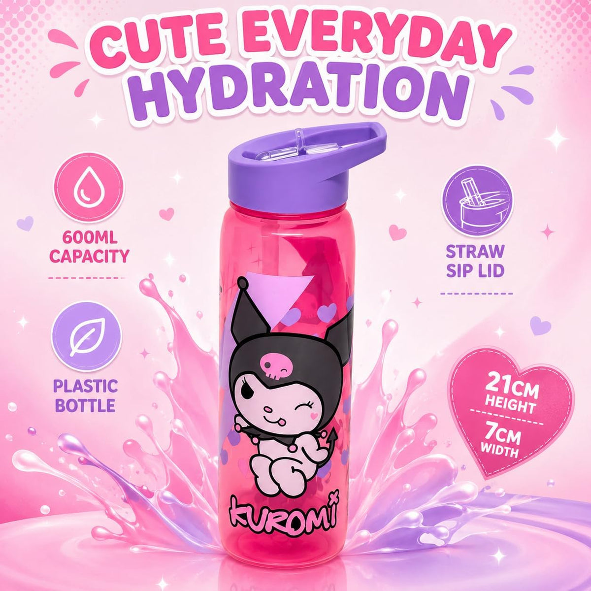 Kuromi Kids Leakproof Water Bottle 600ml