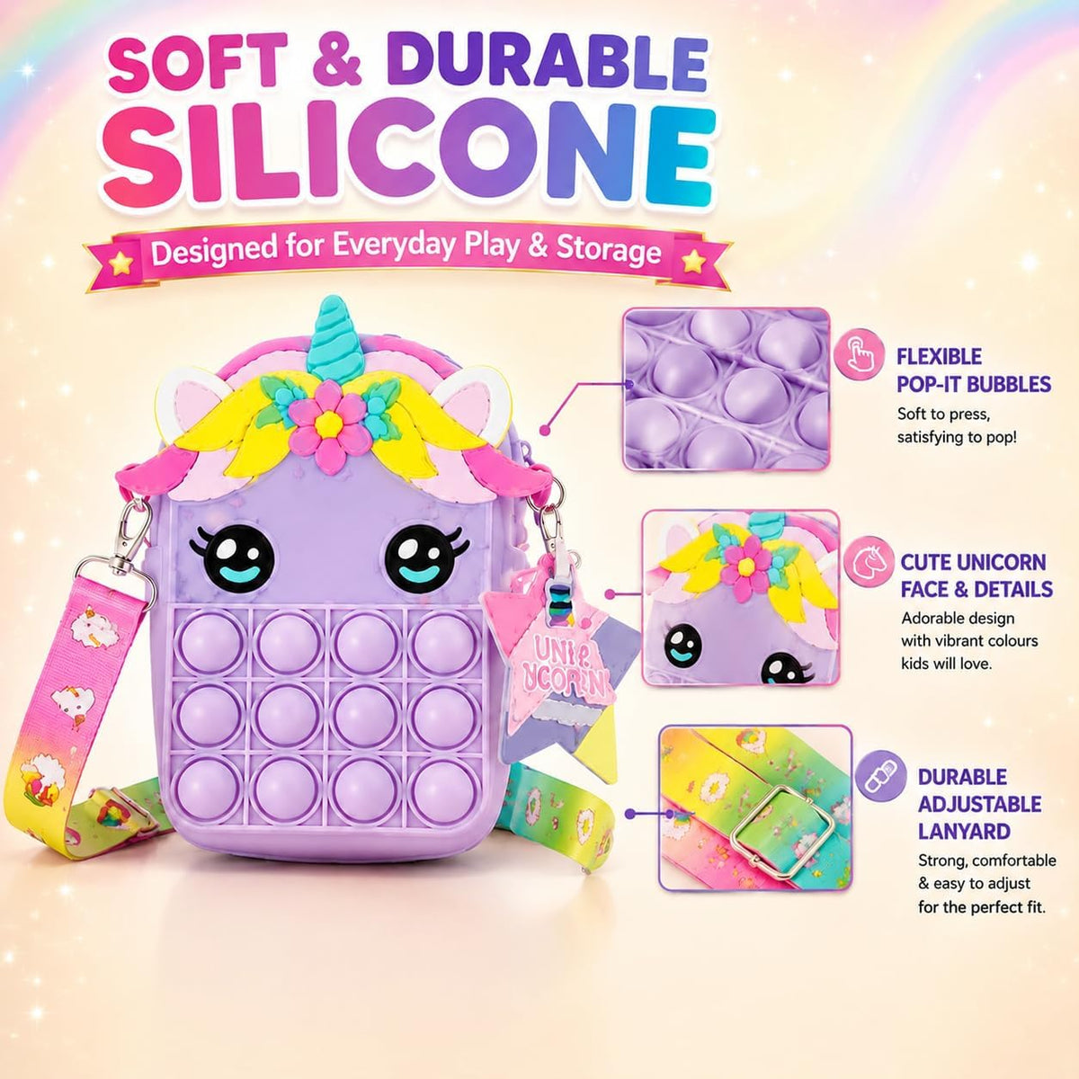 Unicorn Pop-It Fidget Bag with Lanyard 12.5cm – view 6