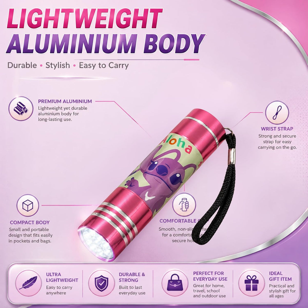 Disney Stitch 9 LED Mini Pink Flashlight 8.7cm