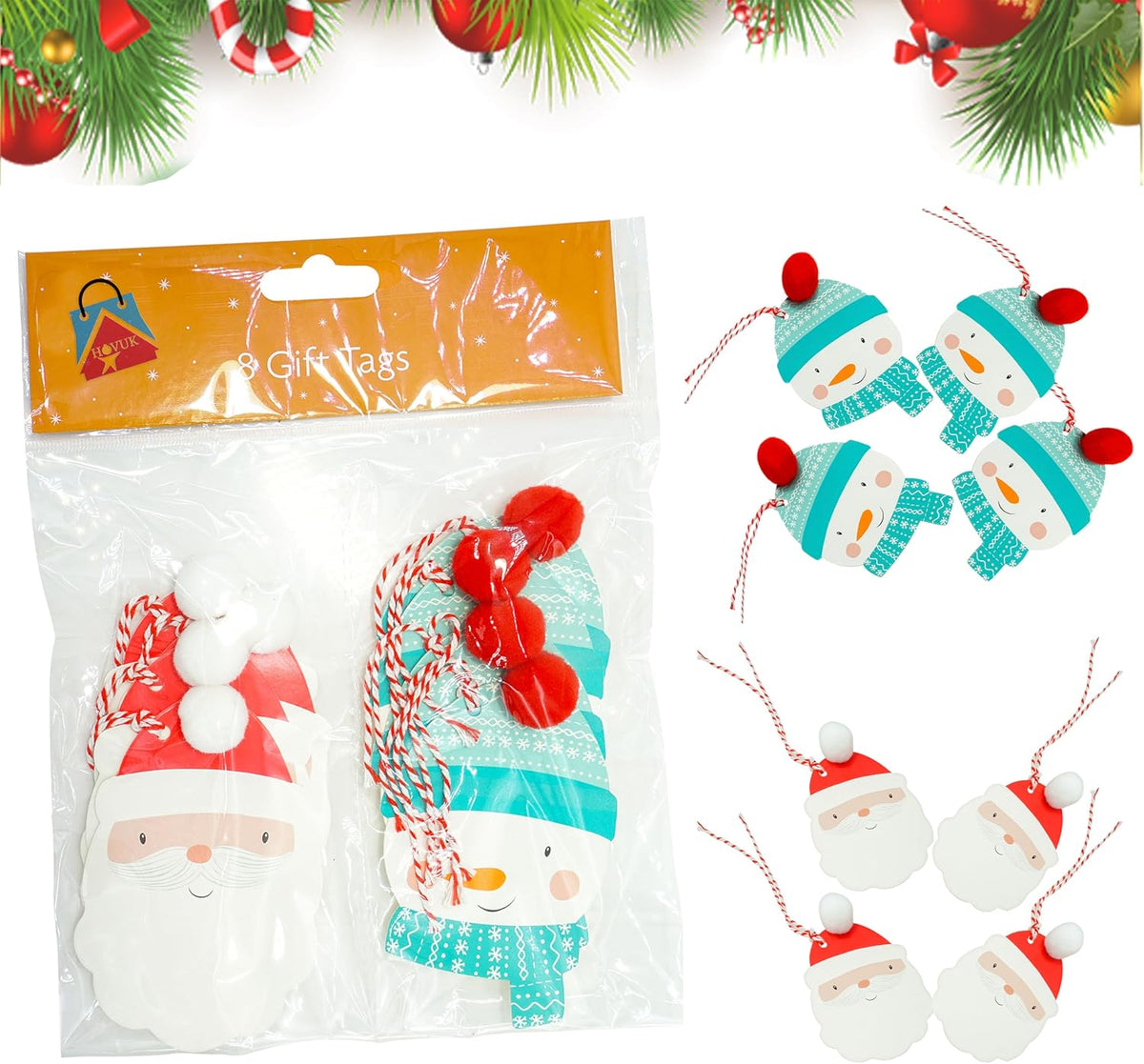 8Pcs Pom Pom Christmas Gift Tags with Strings