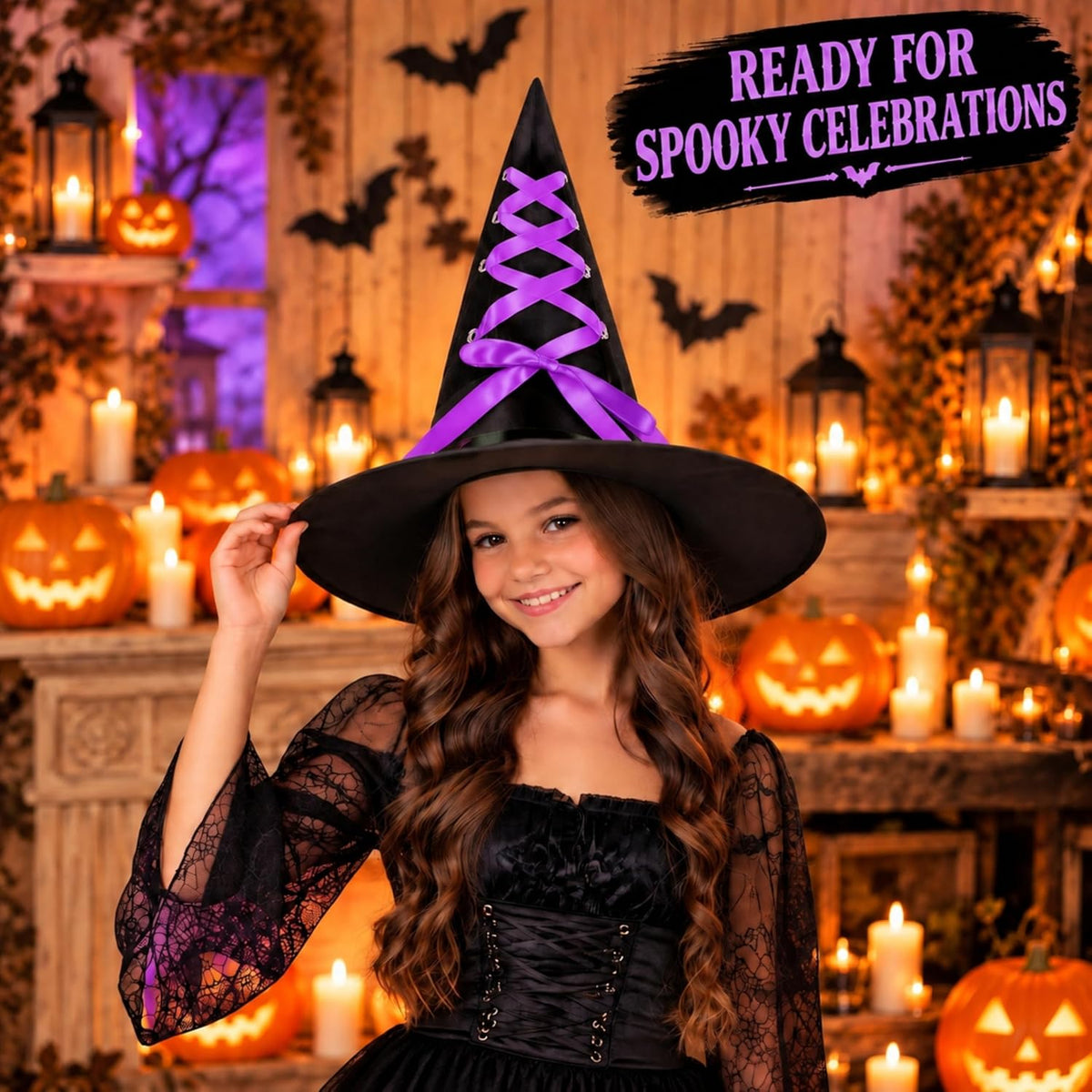 Black Halloween Witch Hat with Colourful Ribbon 40cm Tall