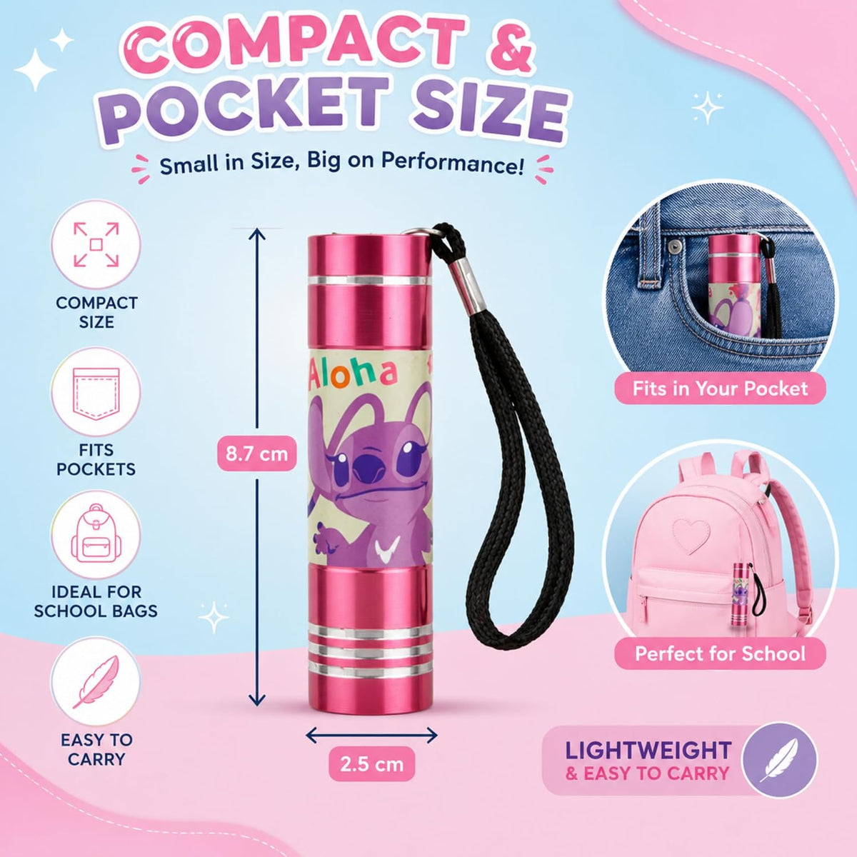 Disney Stitch 9 LED Mini Pink Flashlight 8.7cm