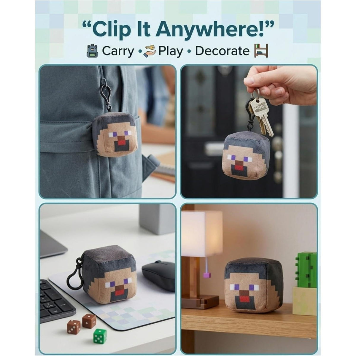 Minecraft Steve Kids Licensed Minecraft Plush Cube Clip-On Keychain – view 6