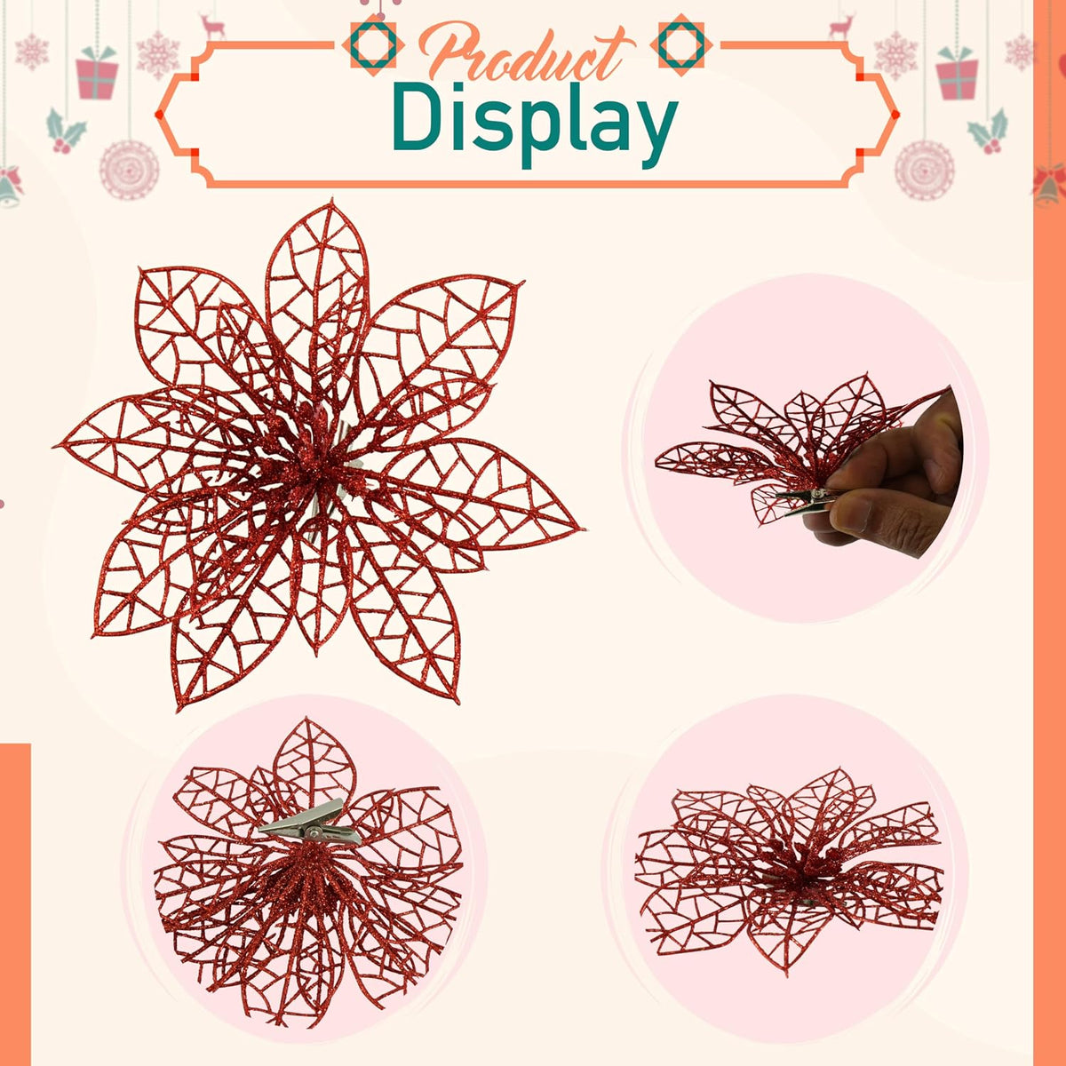 2Pcs Christmas Poinsettia Ornaments 15cm
