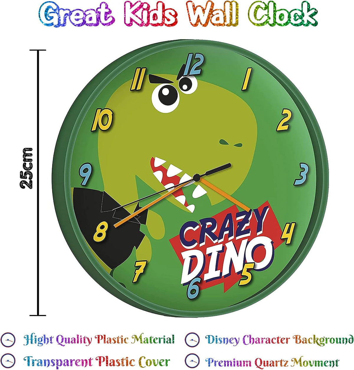 Crazy Dino Kids Licensed Round Wall Clock 25cm – view 7