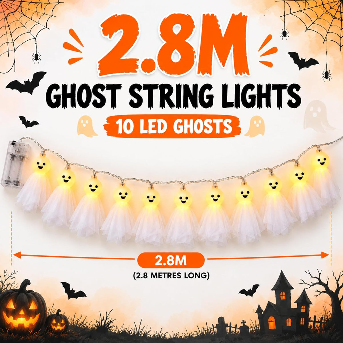 Halloween Spooky Ghost String Lights 2.8m - 10 LEDs