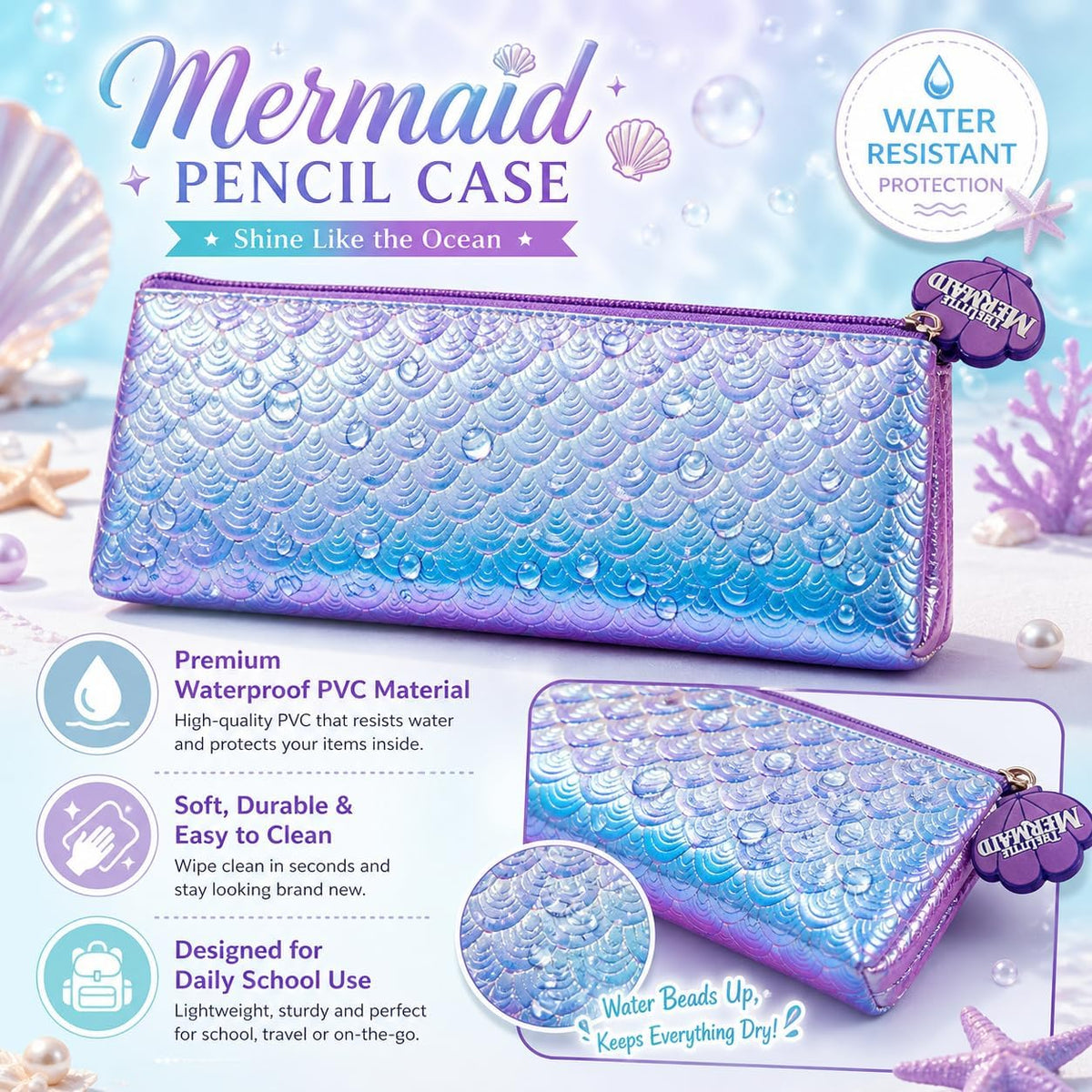 Mermaid Kids Licensed Flat Zipped Pencil Case – view 6