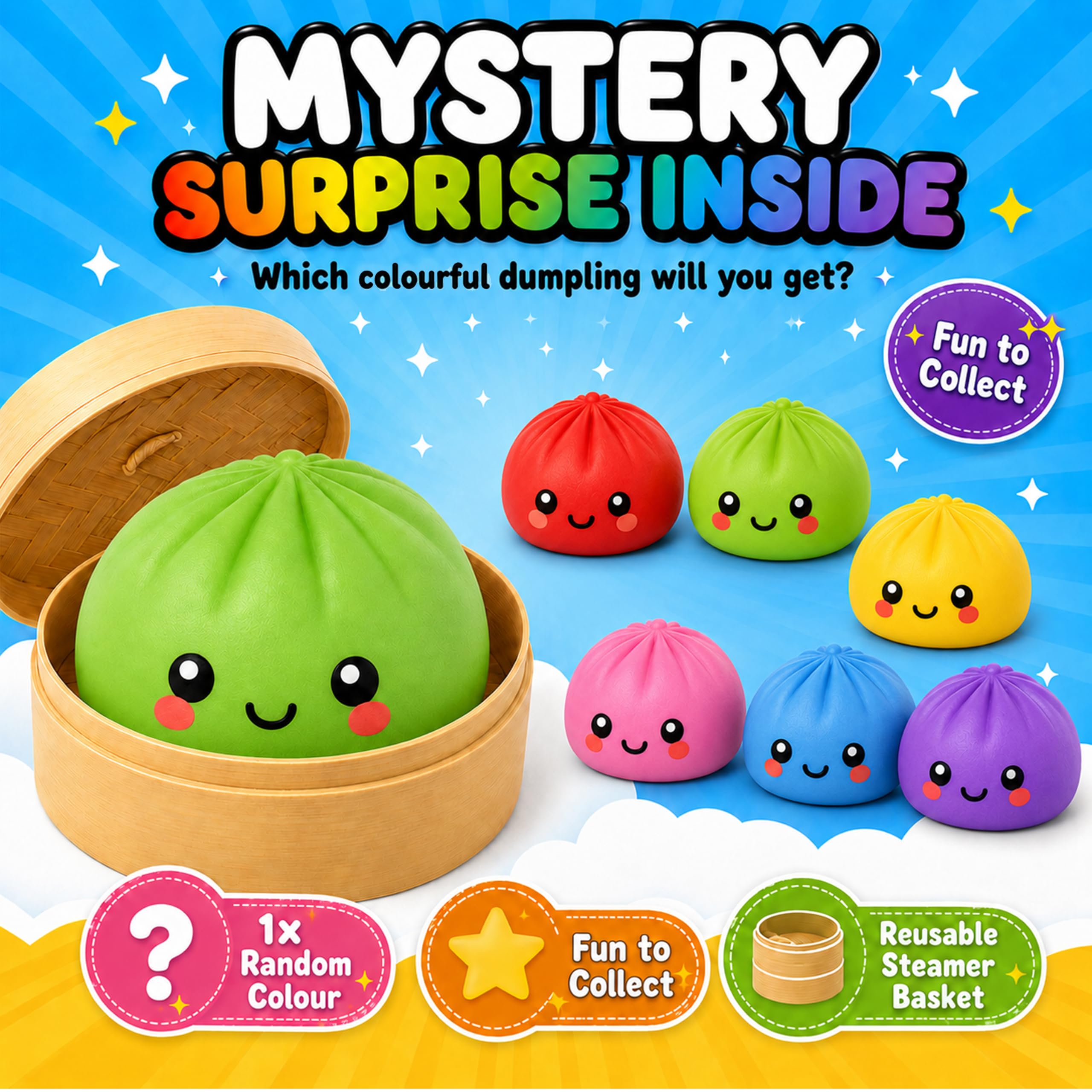 1x Random Colourful Dumpling Squishy Toy, 8.5cm