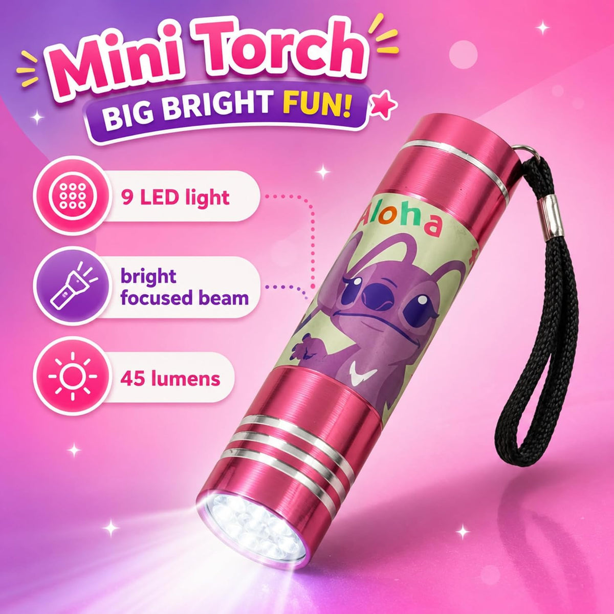 Disney Stitch 9 LED Mini Pink Flashlight 8.7cm