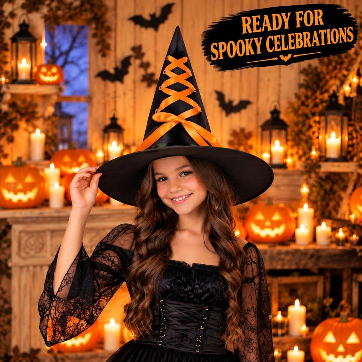 Black Halloween Witch Hat with Colourful Ribbon 40cm Tall