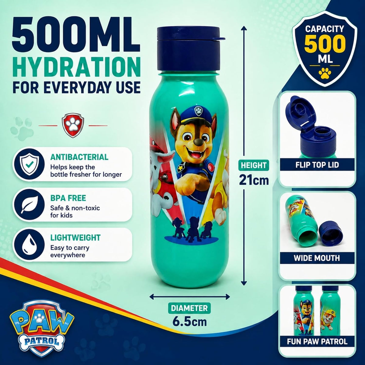 Paw Patrol 500ml Antibacterial Water Bottle