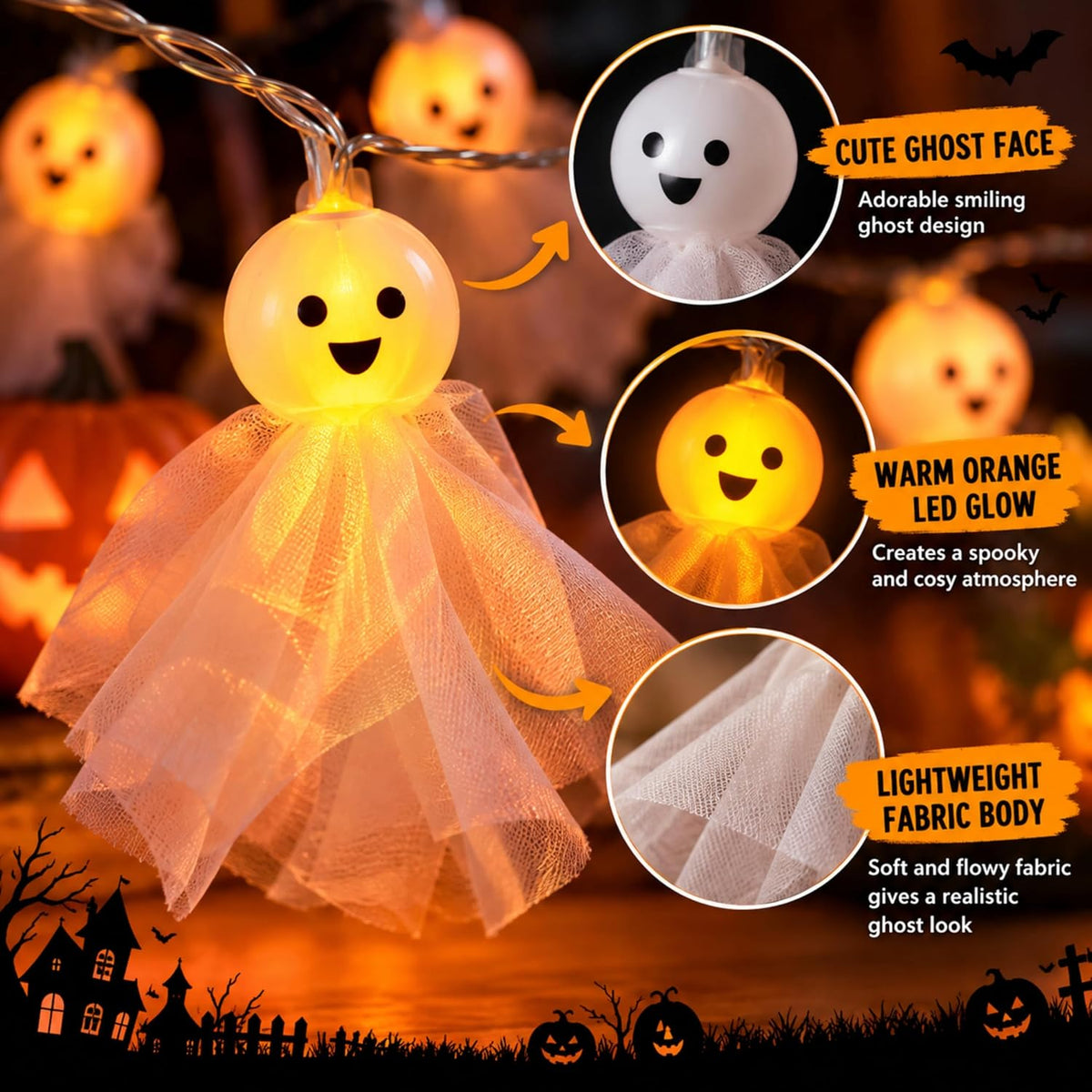 Halloween Spooky Ghost String Lights 2.8m - 10 LEDs