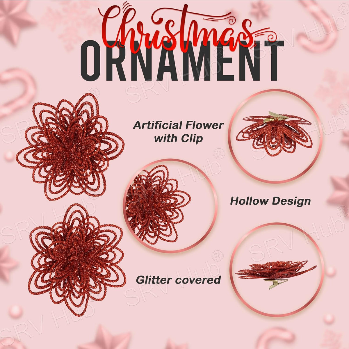 2Pcs Red Christmas Flower Clip Ornaments - 10cm